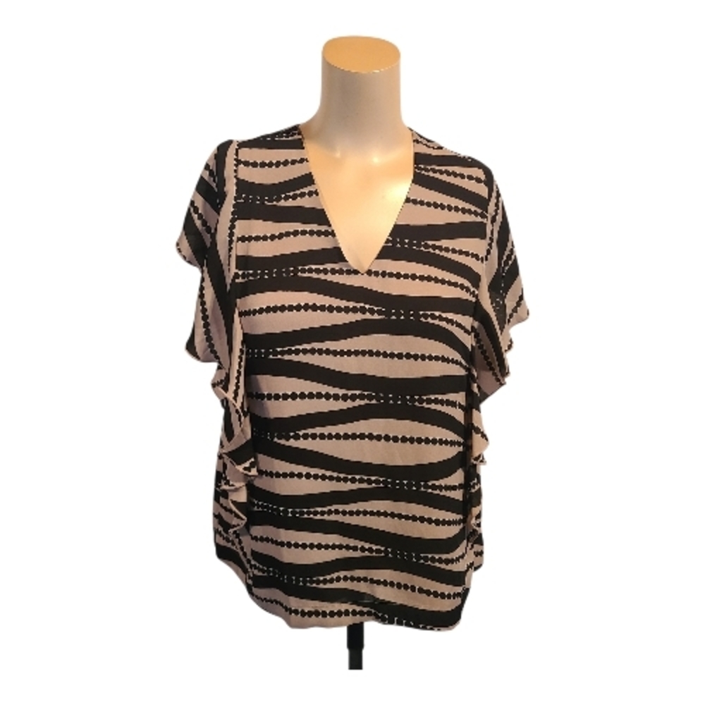 Ann Taylor Factory Striped & Dotted Ruffle V-Neck Blouse - Tan/Black - Size S